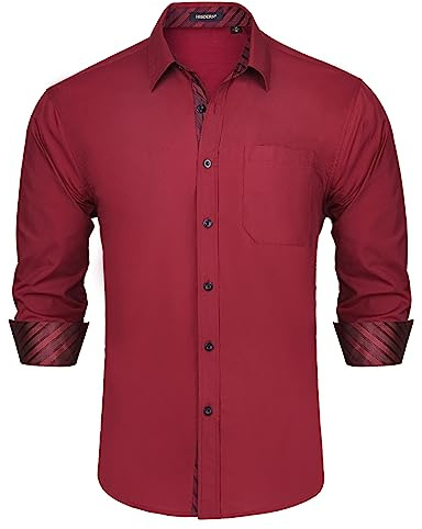 HISDERN Herrskjorta med inre kontrast vardaglig formell klassisk button-down-klänning skjortor långärmad rutig krage normal passform, Vinröd, XL