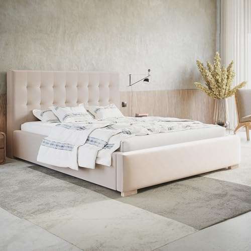 MOTIVENA Deli Bett 180x200 Beige Samt, mit Stauraum, mit Kopfteil, mit Lattenrost, mit Füßen, ohne Matratze, Polsterbett 180x200 mit Bettkasten Beige (Creme)