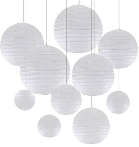 ZYOOO 10 Stück Weiße Papierlaterne Lampion rund Lampenschirm (Set 2 Farben à 25cm, 20cm，15cm,10cm) Lampions Hochzeit,Deko Gartenparty,Bride to Be Deko