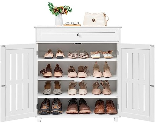 Yaheetech Shoe Cabinet, Wooden Shoe Storage Cabinet Organizer with 1 Drawer & 2 Doors, Modern 4-Tier Shoe Rack with Adjustable Shelves for Living Room, Hallway, Bedroom, White