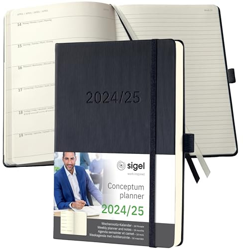 SIGEL C2503 Terminplaner Wochennotiz-Kalender 2024/2025, ca. A5, schwarz, Hardcover, 256 Seiten, Gummiband, Stiftschlaufe, Archivtasche, aus nachhaltigem Papier, 18-Monatskalender, Conceptum