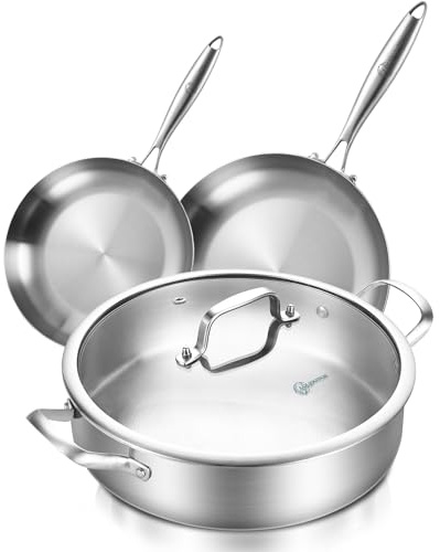 LOLYKITCH 12 Inch Tri-ply Stainless Steel 5.5 QT Sauté Pan and 8-10 Inch Frying Pan Set of 3,Induction Cookware,Dishwasher and Oven Safe.