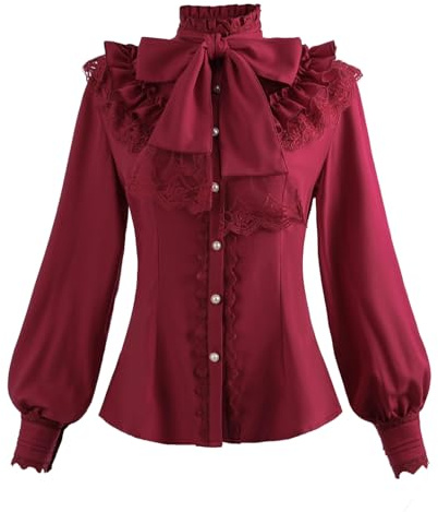 NSPSTT Viktorianische Bluse für Damen, Gothic-Hemd, langärmelig, Renaissance-Oberteil, Vintage-Bluse, Lolita, Puffärmel, Oberteil, Blusen für Damen, elegant, elegant