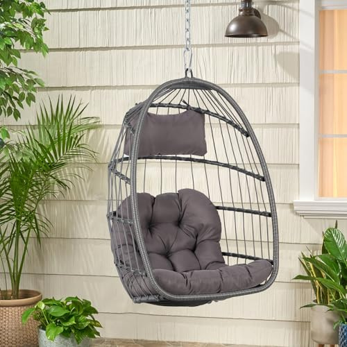 Wonder Comfort Hanging Egg Chair Without Stand, Indoor/Outdoor Foldable Rattan Swing Hammock Seat with Cushion/Headrest, 350 Lbs Capacity, Dark Gray