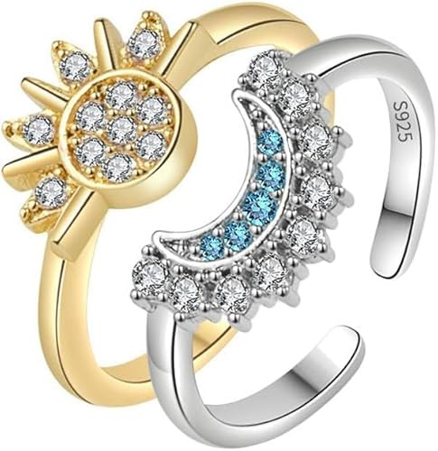 TOFBS Sonne Mond Verstellbarer Ring Set S925 Silber Zirkonia Besetzt Celestial Damenring Schmuck Zweifarbig Offener Ring Doppelring