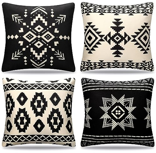 Cheekywares Outdoor Kissenbezug 50x50cm Schwarz und Weiß Dekorative Boho Kissenbezüge Azteken Stammes Ethno Sofakissen Dekokissen Wohnzimmer Schlafzimmer Garten Couch Kissenhülle 4er-Set