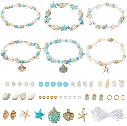 SUNNYCLUE 1 Box 280 Stück DIY 6 Sets Ozean Armband Bastelset Seestern Schildkröten Perlen Muschelperlen Sommer Hawaii Meerestier Perlen Glücksbringer Edelsteinperlen Für Schmuckherstellungs Sets Für E