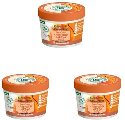 Garnier Hair Food 3-in-1 Hair Treatment Mask, Intensely Nourishes and Repairs Hair, For Damaged Hair, No Silicones, Vegan Formula, Papaya, Ultimate Blends, 400ml (Pack of 3)