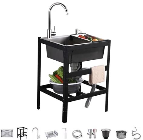 Edelstahl-Camping-Spüle Freistehende Edelstahl Spültisch kommerzielle gastronomie spüle Küche Spültisch Spüle Tragbare Handwaschstation Einspülbecken 1 Becken für Garage,Restaurant,Wäscherei(55*45*75c