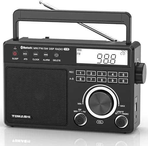 TOMASHI Portable Shortwave MW FM Radio with Bluetooth, ATS Tuning, Clock & Alarm, Recording, MP3/WMA Playback via USB/SD Card, Battery Operated Radio with LCD Display