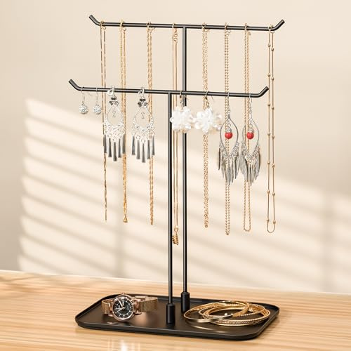 Josmimic Necklace Holder jewellery Stand Organizer for Necklaces and Bracelets, Metal Display Stand, Gift for Women, Ideal for Home, Bedroom, or Vanity, Black