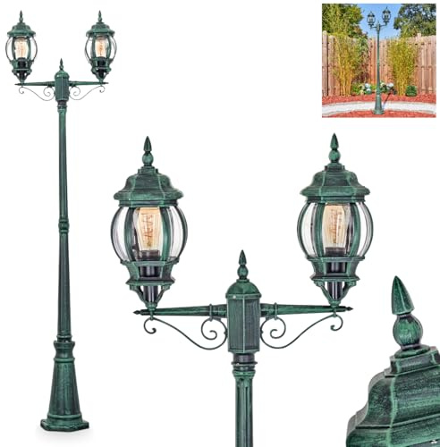 HOFSTEIN Kandelaber Lentua, Außenwegeleuchte aus Metall/Kunststoff in Schwarz/Grün/Klar, Wegeleuchte im Vintage/Antik/Landhaus-Design für Garten, Außenbereich, Hof, Höhe 216 cm, 2 x E27, IP44