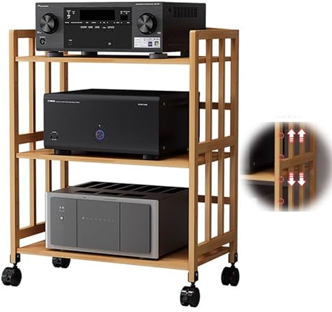 Oracra Mobile HiFi Mobiletto Portaoggetti Regolabile a 3 Strati, Ripiano Mobile per Stereo con Ruote, Supporto per Giradischi in bambù Resistente per Ufficio, Soggiorno, Teatro