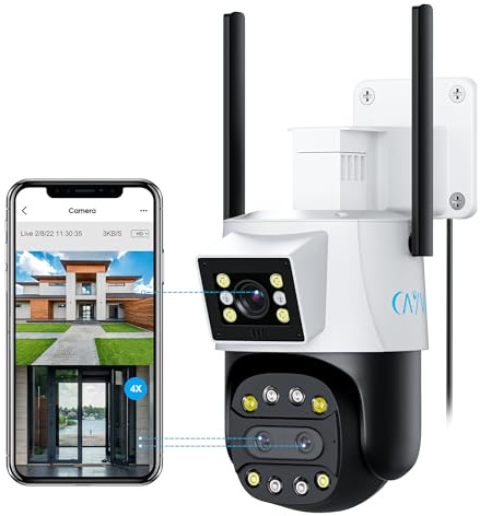 CAYVIS Telecamera Wi-Fi Esterno,Tre-Lente Doppia-Visione, 2,4G FHD1080P PTZ IP Videocamera Sorveglianza,Tracciamento Automatico,Visione Notturna a Colori, Audio Bidirezionale, IP66 (HD)