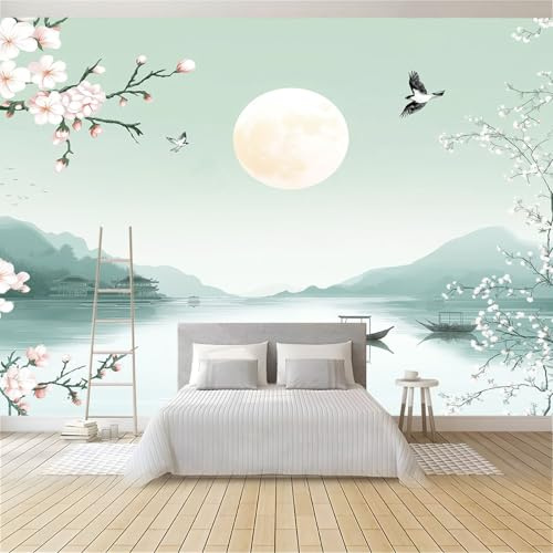 Wall Mural Wallpaper Oriental Lake Mountain Non-Woven Wallpaper Murals Art Home Decor 300 x 210 cm Photo Wallpaper Wall Mural for Living Room Bedroom Children’s Room Decoration Blue