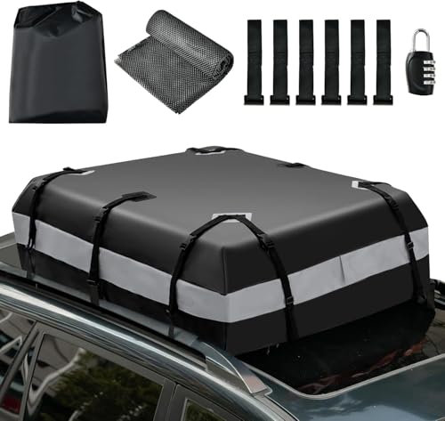 FANTASK Coffre de Toit avec Serrure à Combinaison pour Tous Les véhicules avec/sans Barres de Toit - 420 l - Étanche - avec 6 Crochets de Porte - Tapis antidérapant et Sac de Transport - Pliable