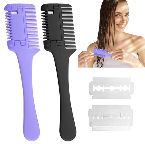 Peine cortapelos más fino, cortapelos de doble cara de 2 piezas con 10 cuchillas de repuesto, peine para adelgazar y cortar el cabello, adultos, niños, corte de pelo en casa