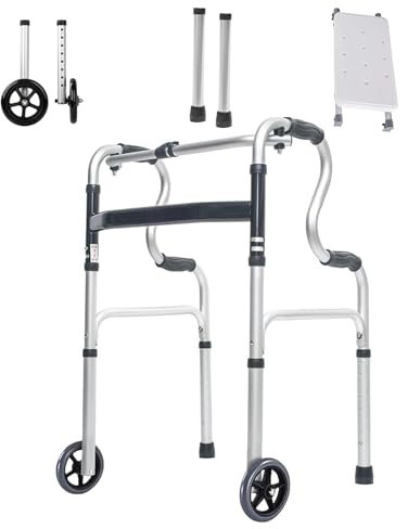 Vexorium Gehhilfe für Senioren - Klappbarer, höhenverstellbarer Gehwagen aus Aluminium mit 2 Spitzen und 2 Bockrädern,with seat Plate