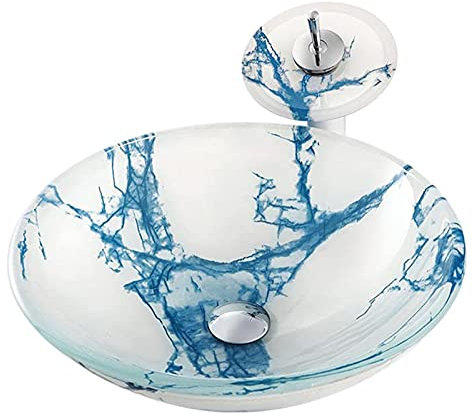 JYBNBBE Lavandino da appoggio per Bagno, lavabo da appoggio in Vetro temperato da 16,5, lavabo Rotondo Blu con Effetto Marmo, lavabo da appoggio con Rubinetto a Cascata e Scarico Combinato.