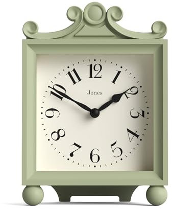 Jones Clocks® Parlour orologio da camino | Orologio da carrozza classico | Verde salvia | Elegante custodia decorativa quadrata, perfetta per mensola del camino, mensola, tavolo o comodino