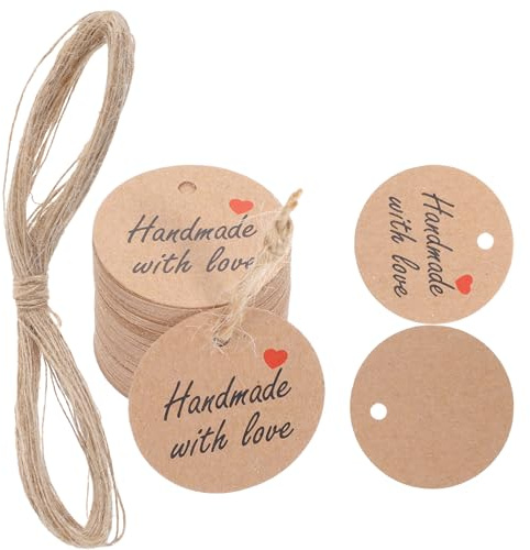 100 Stück Geschenkanhänger Handmade with Love Anhänger Rund Kraftpapier Anhänger 3cm mit Schnur 20m Dekorative Hängeetiketten Handmade Label Geschenk Anhänge für Hochzeit Weihnachten DIY-Handwerk