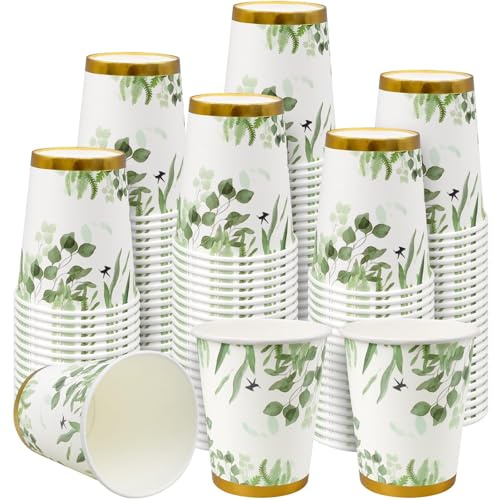 ASMIZ Lot de 100 gobelets jetables pour mariage, 9 oz fête prénuptiale, baby shower, anniversaire et autres fêtes, motif eucalyptus et sauge verte