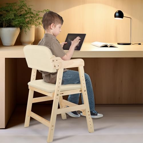 Höhenverstellbar Kinder Hochstuhl, Holz Stuh, Esszimmerstühle mit Rückenlehne, für Haus Esszimmer und Wohnzimmer,Beige