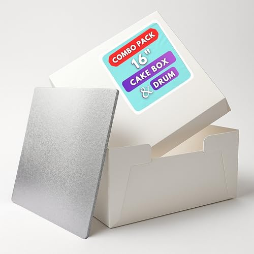 Pack N Trade White 16-Inch Cake Box with 13mm Square Silver Drum – Durable 16×16×6″ Cake Box & Drum Combo – Ideal for Birthday & Wedding Cakes, Cake Decorators & Home Bakers