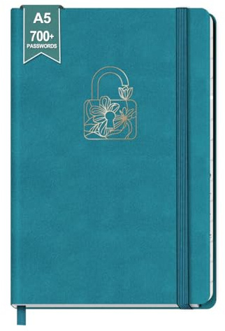 BIROYAL A5 Passwort Buch Deutsch, Platz für über 700 Passwörter, Seeblau | A-Z Register, 224 Seiten mit 120 g/m²-Premium Papier, Gummiband, Lesezeichen, für Internet-Adressen, Benutzernamen und Logins
