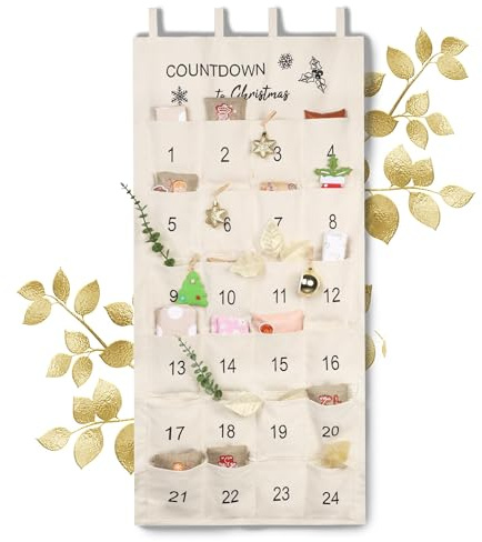 Wsetyy Christmas Fabric Advent Calendar 2025, Reusable Advent Calendar with 24 Pockets, Empty Advent Calendar to Fill Yourself for Home Holiday Countdown to Christmas Decorations (Off White)