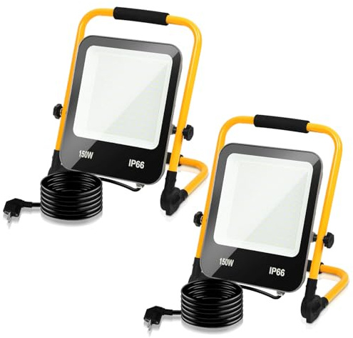 Monucep LED Baustrahler, 2x150W 13000LM LED Arbeitsleuchte, IP66 Wasserdicht Baustrahler mit 3M Kabel und Faltbarer Ständer, Tragbar Arbeitsscheinwerfer baulampe für Baustelle, Garage, 6000K