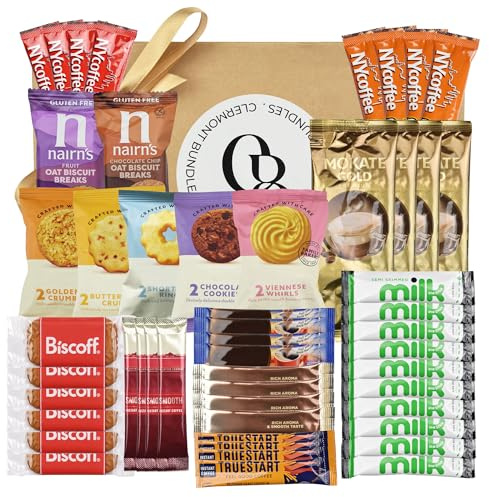 Coffee Gift Set Hamper: Includes 51 Items, Instant Coffee Premium Biscuits & Coffee Sachets. Elegantly Wrapped In a Gold Bow, Hamper For Men & Women Lovers
