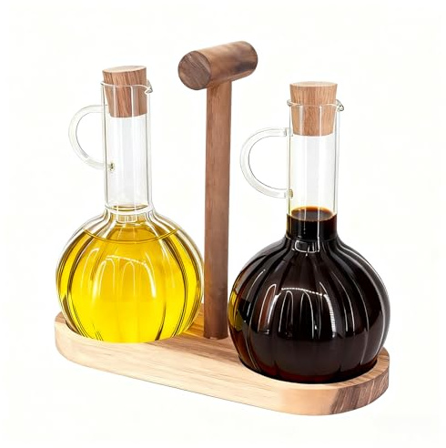 Beowanzk 2PC Öl und Essig Spender Set mit Holzständer, 300ml Olivenöl und Essig Spenderflaschen aus hitzebeständigem Borosilikatglas, für das tägliche Kochen und Dressing von Salaten