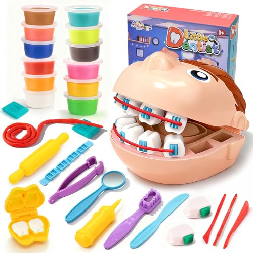Knete Set für Kinder - Knete Zubehör ab 3 4 5 6 Jahre, Werkzeugen für Dentist, Knetwerkzeug Kinder mit 12 Knetmasse, Spielzeug Geschenke für Jungen und Mädchen Geburtstags