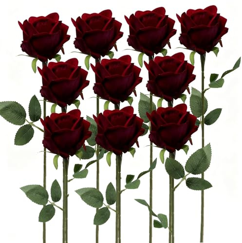 BOVUN 10 PCS Artificial Rose Stems Soft-Touch Faux Roses with Long Individual Stems and Rose Buds Realistic Decorative Blooms for Weddings, Home Décor, Garden Displays, and Party Arrangements (RED)
