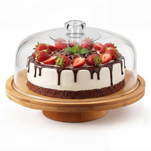 Masthome Tortenständer, 6-in-1 Multifunktional Tortenplatte mit Deckel, Kuchenständer aus Bambus und Holz, Kuchenplatte mit Fuß, Tortenglocke für Küchen und Party