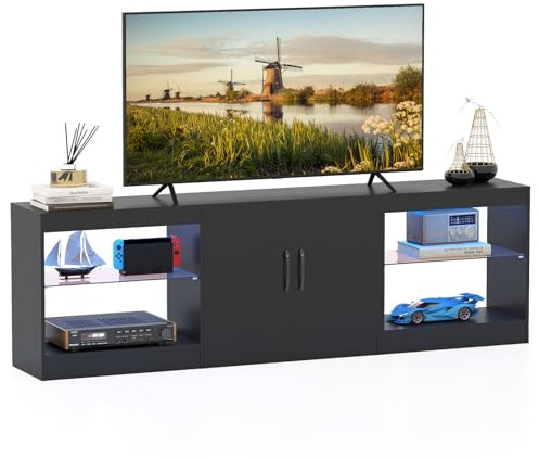 COSTWAY Mueble de TV para Televisores hasta de 85 Pulgadas, Mesa de TV 3 en 1 con Luces LED y Estantes de Vidrio Ajustables, Mueble de Salón Modular de 3 Piezas, Moderno, 195x30x55 cm (Negro)