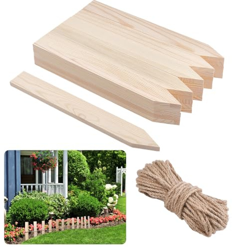 FINGERINSPIRE 26Pcs Piquets de Jardin en Bois 290x35x9mm avec 20m de Corde de Chanvre Couleur Amande Blanchi Piquets de Clôture de Jardin Supports pour Plantes pour Clôture d'Aménagement Paysager