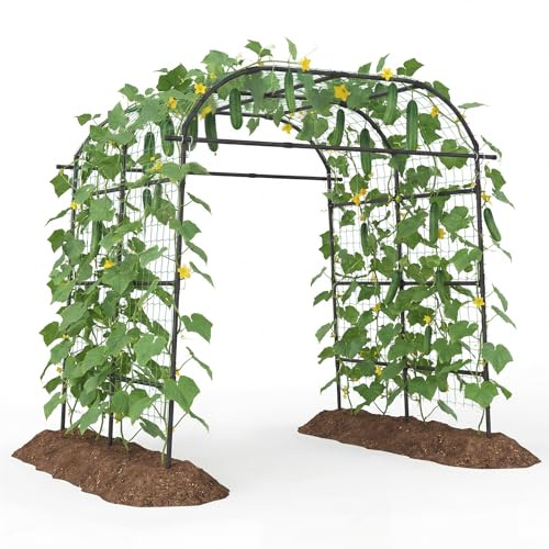 COSTWAY Arche de Jardin en Métal 230CM pour Plantes Grimpantes, Treillis pour Concombres Revêtu PE Filet en Nylon pour Vignes/Légumes/Fleurs, Décoration pour Fête d'anniversaire, Noir