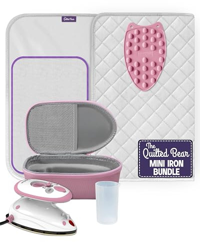 The Quilted Bear Premium Mini Iron and Portable Ironing Mat Bundle, Pink | Small Travel Steam Iron, 400W Dual Voltage, Heat-Resist Ironing Mat, Silicone Iron Rest, Hardshell Case for Holiday, Quilting