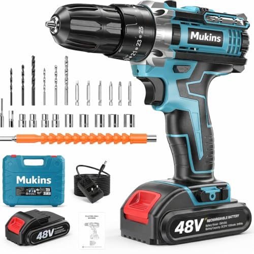 Trapano Avvitatore a Batteria 48V MAX Professionale, 2 Velocità 0-2350 RPM, 25+3 Coppie, Mandrino Autoserrante, Luce LED, Kit Completo con Valigetta e Accessori