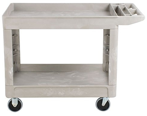 Rubbermaid Commercial Products Heavy Duty 2-Shelf Utility/Service Cart, Medium, Lipped Shelves, Storage Handle, 500 lbs. Capacity, Beige, for Warehouse/Garage/Cleaning/Maintenance