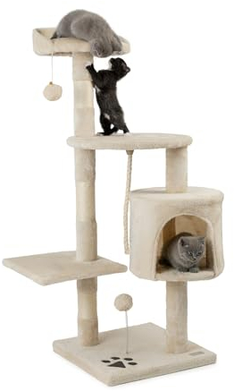 lionto Kratzbaum für Katzen mit 2 Plüschbällen & Spielseil, Höhe 112 cm, Katzenbaum mit Sisalseil & Plüsch, gemütliche Liegefläche & Höhle, inkl. Wandhalterung, für kleine & große Katzen, beige