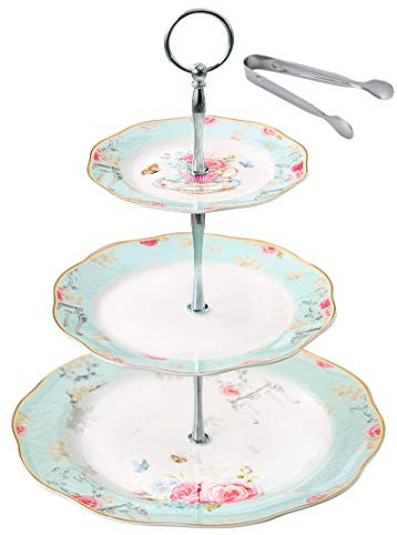 Jusalpha Light Blue 3-tier Ceramic Cake Stand- Cupcake Stand- Tea Party Pastry Serving Platter Comes In a Gift Box- Free Sugar Tong (FD-QD3T)