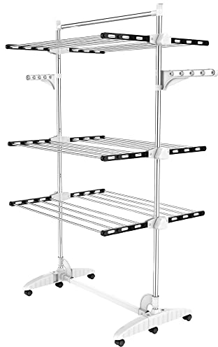 Todeco Wäscheständer Turm Klappbar, Wäscheturm 3 Ebenen aus Edelstahlrohre, Turmtrockner mit 6X Rollen, Flügel, Obene Stange, Mobiler Turmwäscheständer für Balkon Wohnzimmer Badewanne,Schwarz