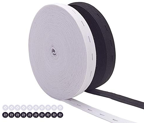 BENECREAT 15mm 18 Meter/20 Yards Elastic Stretch Band Knopfloch Strickgummiband und 20 STÜCKE Harz Knöpfe für Röcke Shorts Hosen Taille Anpassung (9m Weiß, 9m Schwarz)