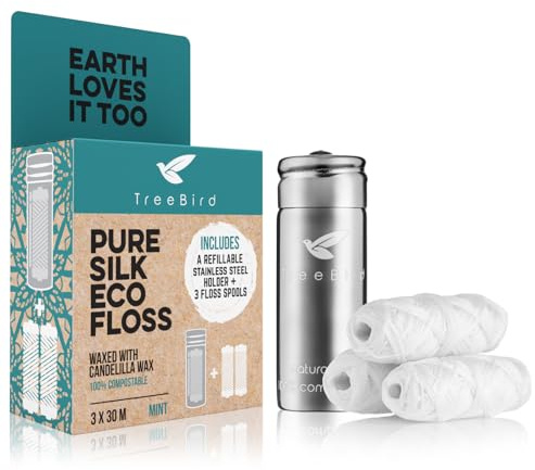 TreeBird Pure Silk Eco Floss Kit - Refillable Floss Dispenser (Stainless Steel) + 3×33 yd Silk Refills | Waxed with Candelilla Wax | Mint