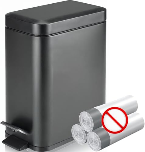 Homie Soft Close, Slim Bin 6L with Anti - Bag Slip Liner and Lid, Use as Mini Garbage Basket, Slim Trash Can, or Decor in Bathroom (Matte Black)