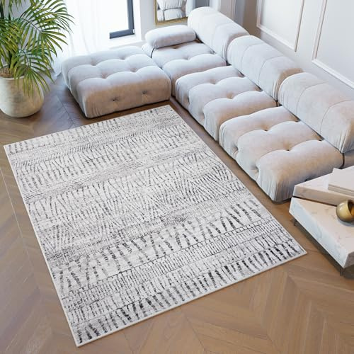 TAPISO Sky Teppich Kurzflor Beige Grau Streifen 140 x 200 cm