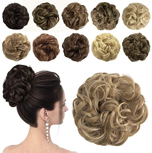 Sofeiyan Haarteil Haargummi Hochsteckfrisuren Unordentlich Pferdeschwanz Chignon Wavy Unordentlich Groß Chignon Frisuren Haarverlängerungen für Frauen, Erdbeerblond & Bleichblond gemischt